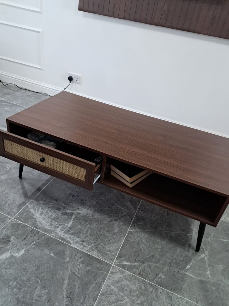 image for Brand new Walnut wooden coffee table with ratan drawer