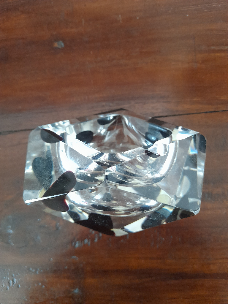 Collector's item, sought after ashtray, multi faceted, clear and black. 70s