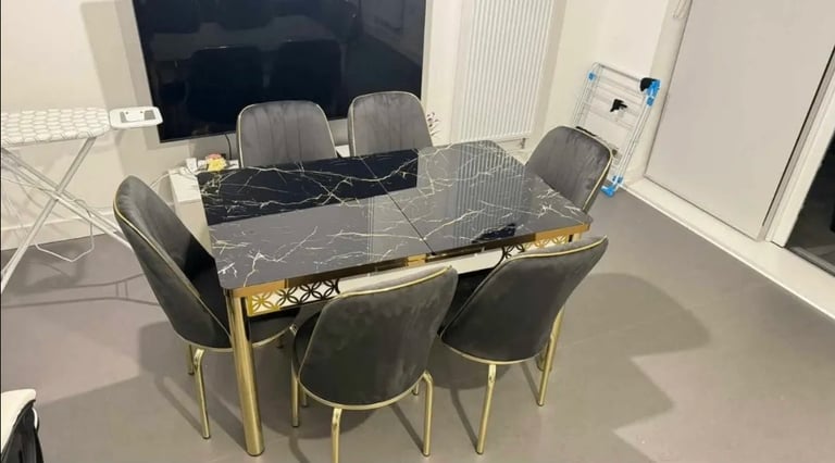 Luxury Marble Dining Table Set with 6 Velvet Chairs – Gold Legs, Modern Design