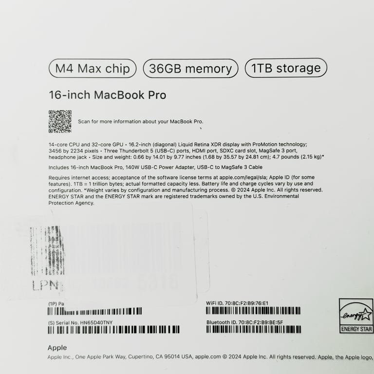 16-inch MacBook Pro Apple M4 Max, 36GB memory, 14 core CPU, 32 core GPU, 1TB SSD