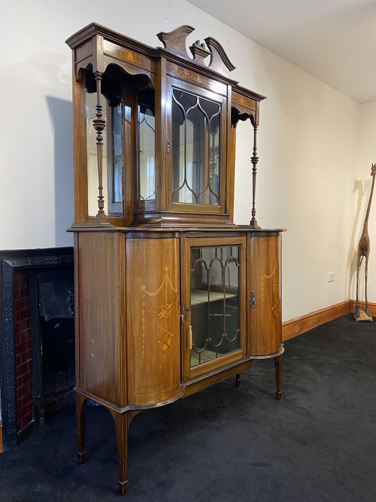 Fine Edwardian Mahogany & Satinwood Marquetry Glazed Sideboard Display Cabinet