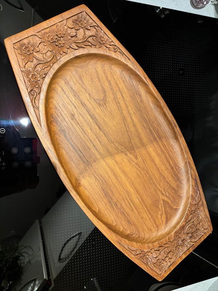 image for Teak carved serving ornate tray dresser tray butler tray - WOOD