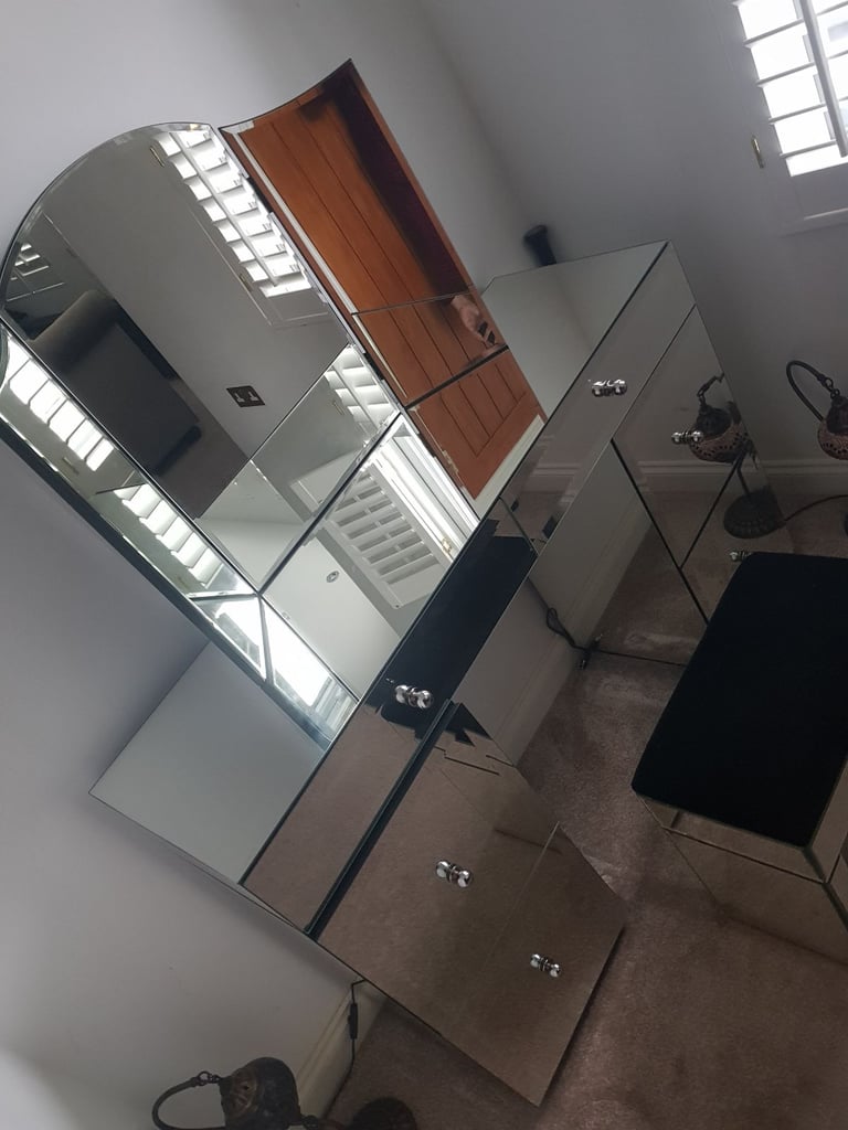 image for Glass mirrored dressing table, Glass bifolds mirror and Stool Next Home
