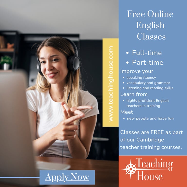 Free ONLINE English classes. A2-B2 levels. Cambridge accredited teachers. Certificate available