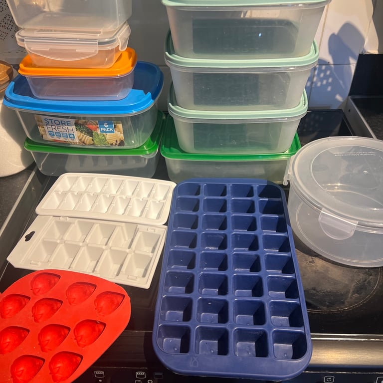 X19 item 15 Plastic Food Storage Containers - Family Sized and 4 ice cubes 