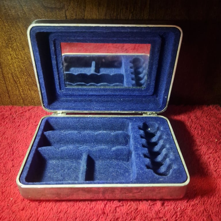 image for Vintage Blue Velvet Lined Jewellery Storage Case – Silver Tone, Made in Japan