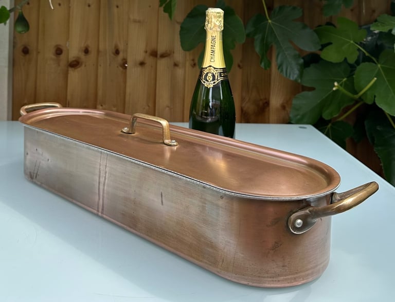 LARGE VINTAGE FRENCH COPPER FISH KETTLE, POISSONIERE, POACHER, L70cm - TOURNUS FRANCE - WILL POST!