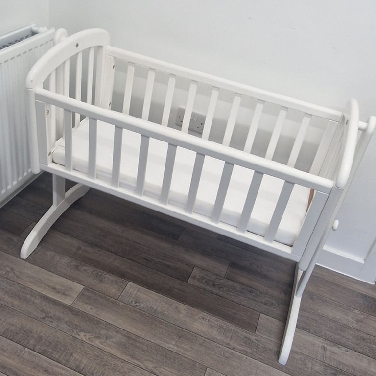 White Birch John Lewis Anna Swinging Crib Newborn Baby Wooden Cot + Mattress + Sheets