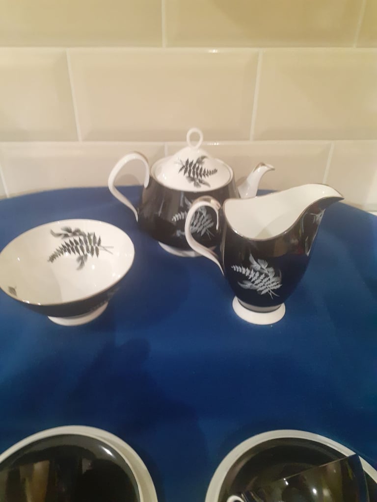 Rare Royal Albert China Night & Day, Teapot, Sugar Bowl, 2 Cups & 2 Saucers & 2 Side Plates 