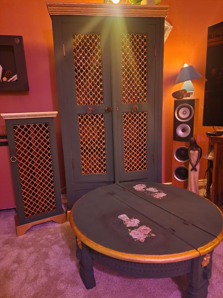 Hand painted solid wood furniture Unique artisan craft  Table Shelf Cubbord 