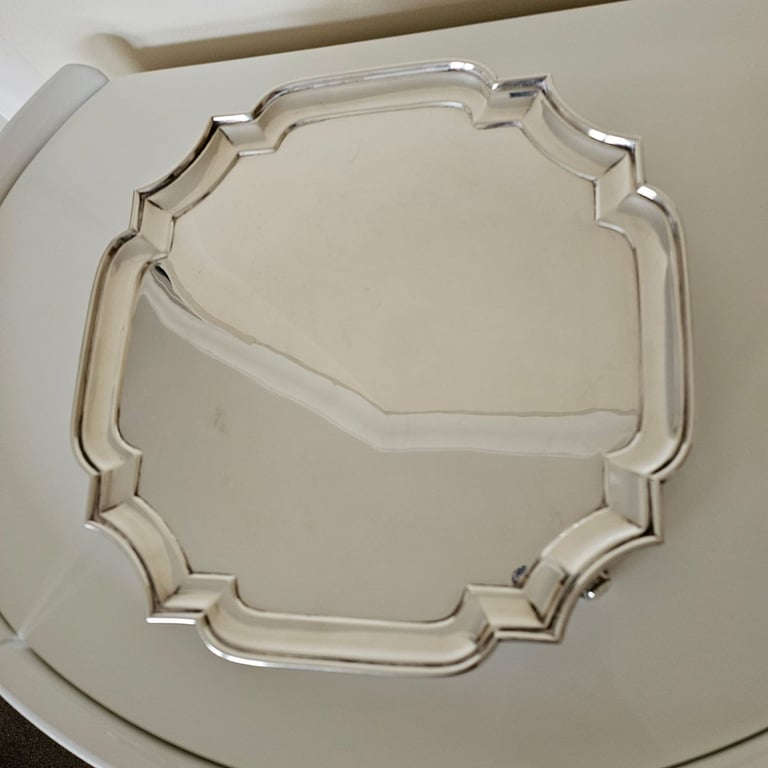 12 inch  Heavy Square Antique Sterling Silver Salver, London, 1052g 