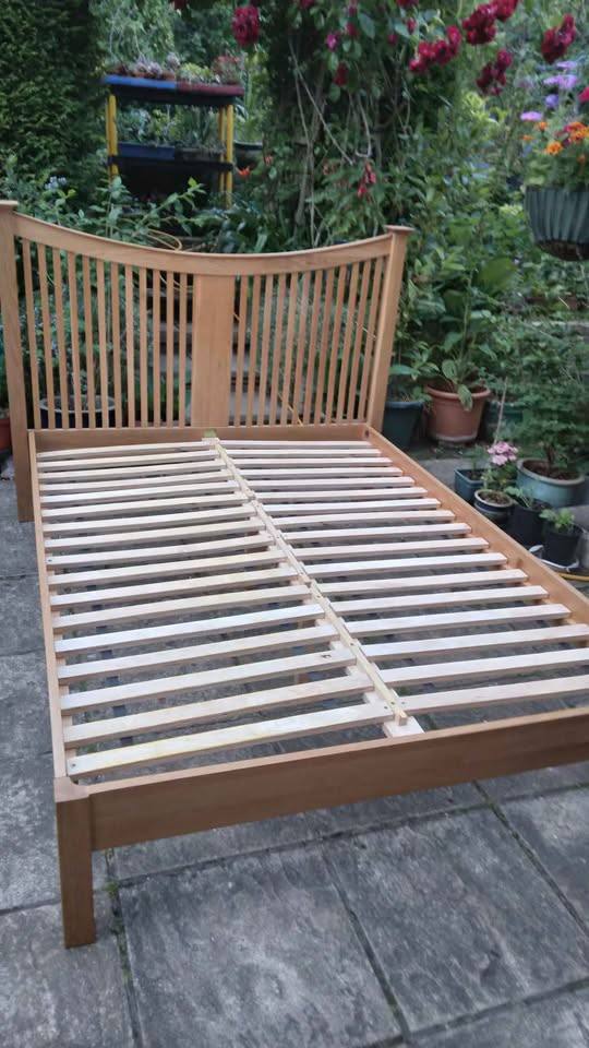 image for Double bed frame only, solid oak, good base support and thick slats, vgc