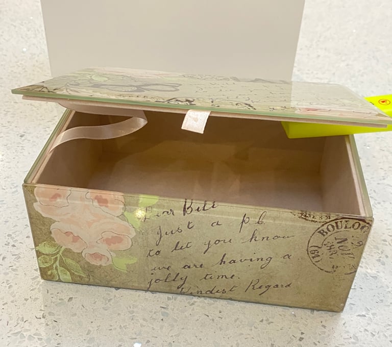 image for Jewellery/Trinket Box:  Glass & Fabric. Green with Roses, Butterflies and a French Postcard Design. 