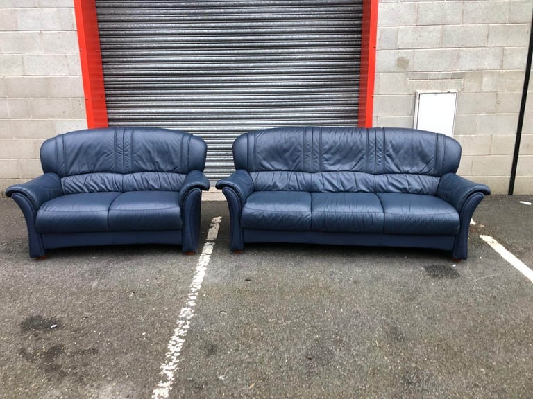 Blue Italian Leather 2 and 3 Seater Sofas 