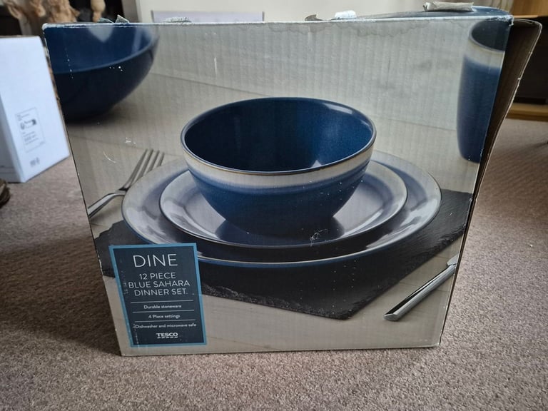 image for Blue Sahara stoneware dinner set - 7 plates, 7 side plates, 8 bowls, 8 mugs and 2 pasta bowls