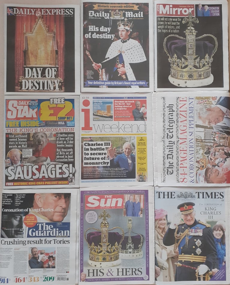 image for KING CHARLES III CORONATION - 9 x UK DAILY NEWSPAPERS - SATURDAY 6th MAY 2023