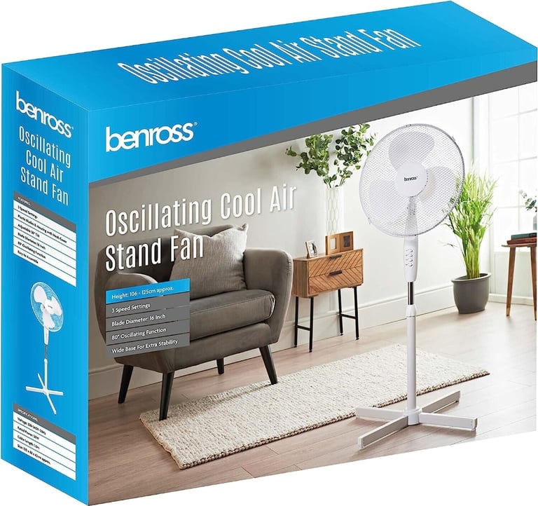 Benross Standing Fan 16 inch White Adjustable Oscillating 3-Speed 4930