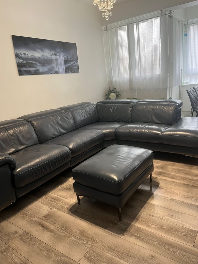 Blue Leather Corner Sofa + Footrest 
