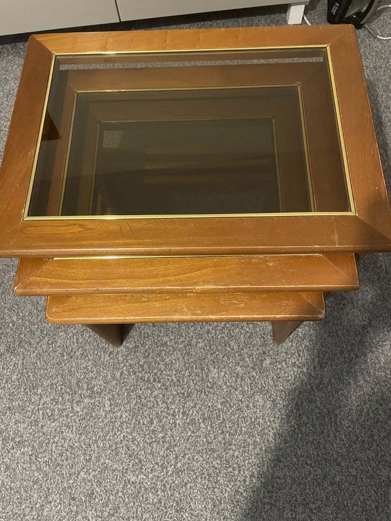 image for Set of 3 coffee / side tables (wooden with glass) 