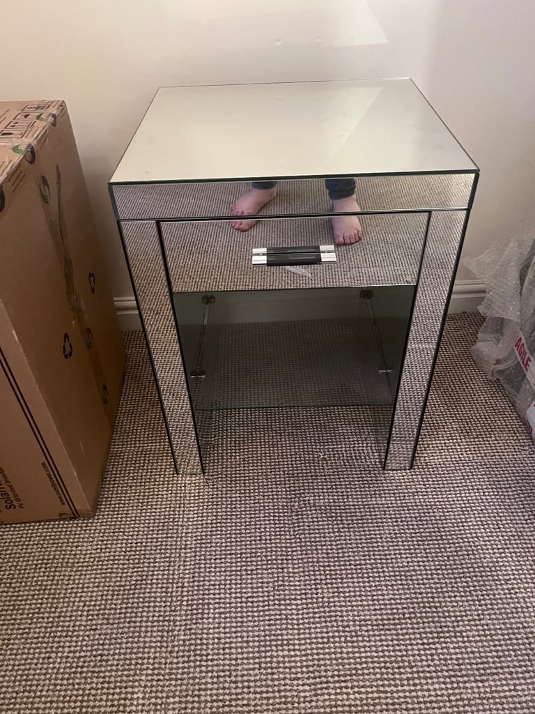 Next glass mirrored bedside table with draw and shelf
