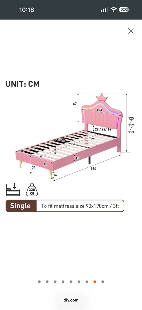 Single Crown bed with Led lights (no mattress)