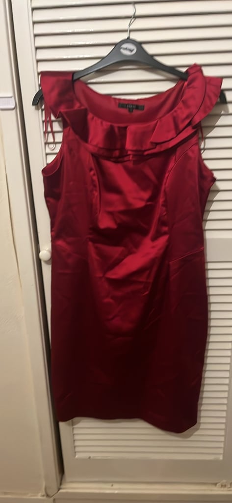 image for red satin ruffle-neck dress