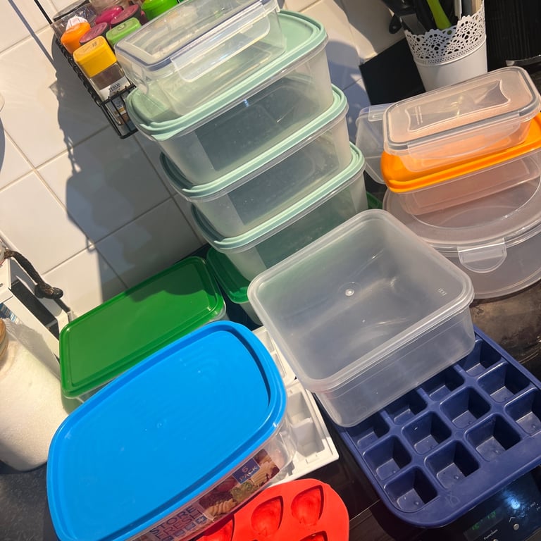 X19 item 15 Plastic Food Storage Containers - Family Sized and 4 ice cubes 