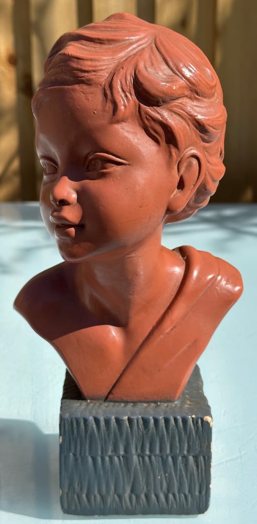 ANTIQUE FRENCH PLASTER BUST OF A YOUNG BOY, PAINTED CHALKWARE STATUE, 27cm tall - 1900s - WILL POST!