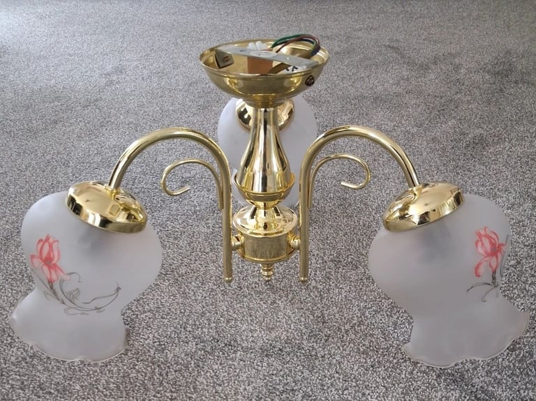 image for 3 Light Semi-Flushed Polish Brass Finish Light Fitting With Glass Tulip Shades (Used)