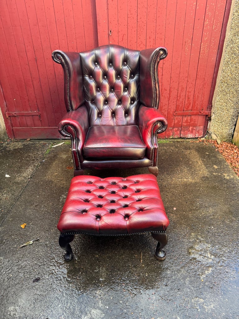 image for Chesterfield Leather wingback armchair and matching footstool