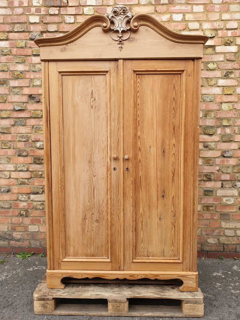 Elegant Antique French Armoire Two Door Wardrobe solid stripped pine wood