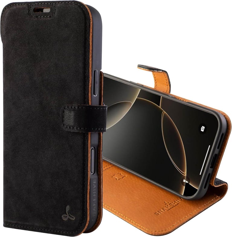 Snakehive Genuine Leather Case for iPhone 17 Pro Max Flip Cover (Black - Nubuck)