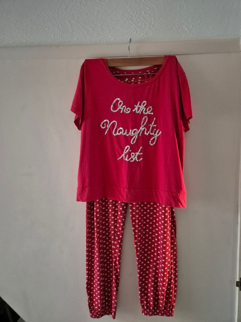 image for New M&S Cotton Red polka dot & white Silver sequin on the naughty list Pj's Immaculate 