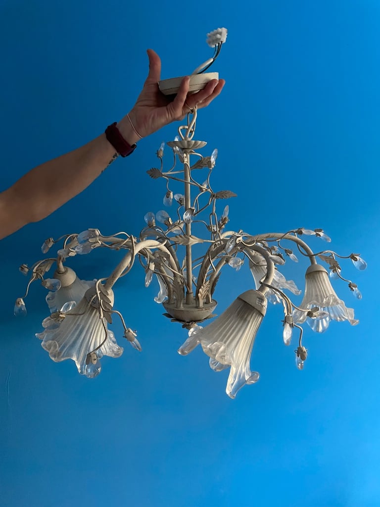 image for Alamandite Chandelier– Cream & Gold with Crystal Accents – Like New