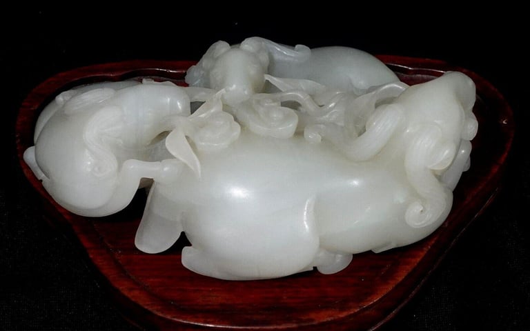 Antique Large & Heavy Chinese Hetain White/G Jade Carved Group "3 Rams" 19th C