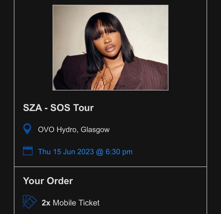2x Platinum Tickets for SZA - Hydro in Glasgow on 15 June 