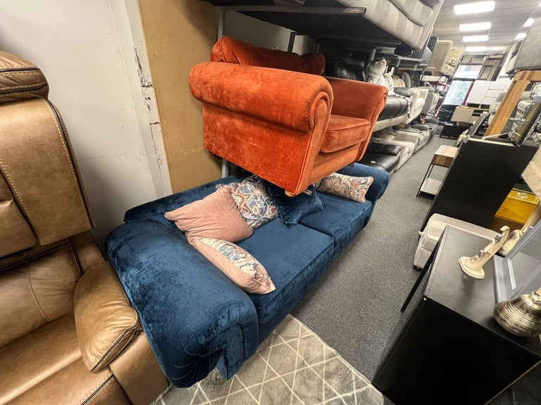 Big 2 seater and chairs and a half in a velvet fabric new condition £599
