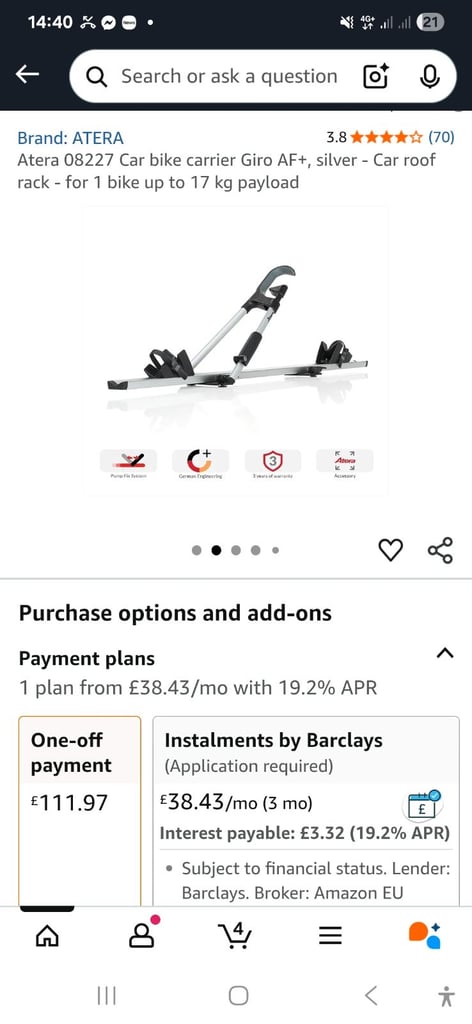 Car bike carrier Car Roof Rack Altera Giro AF+