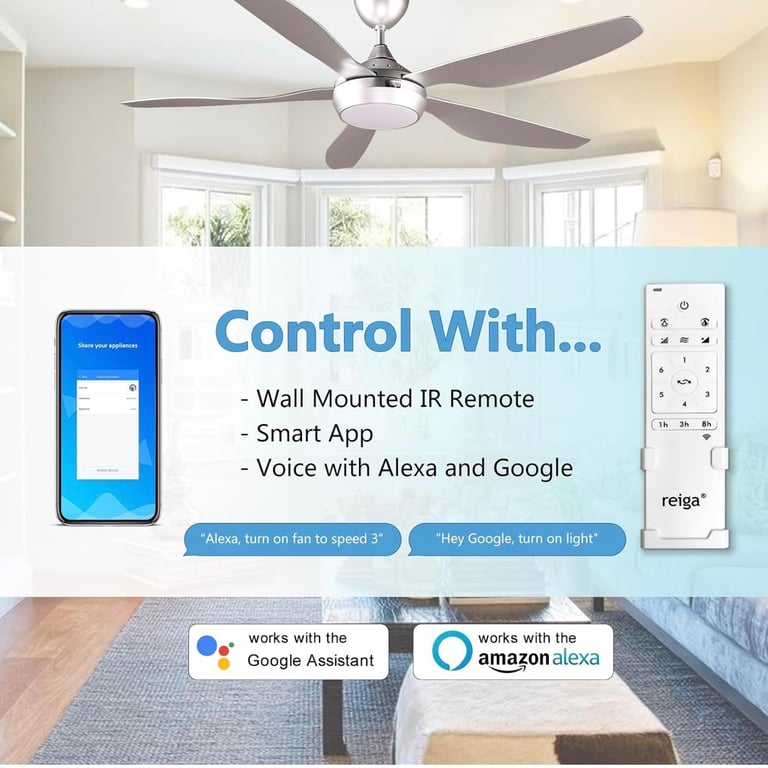 Absolute Bargain! 137cm Reiga Smart Ceiling Fan - Works with Alexa -  Dimmable LED Lighting - Silver