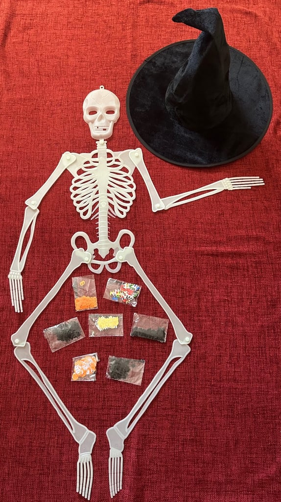 Halloween Hanging Spooky Glow In Dark Skeleton Velvet Witches Hat & Halloween Confetti x 7 Packs