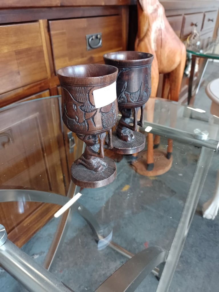 Pair of vintage hand carved wooden goblet, ref:18440 £20.00