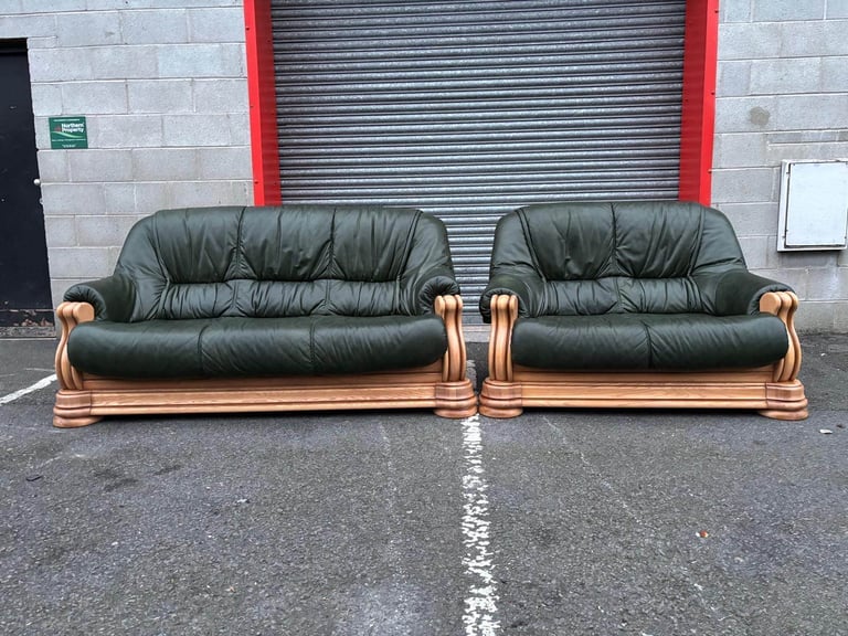 Oak Frame Green Leather 2 and 3 Seater Sofas 