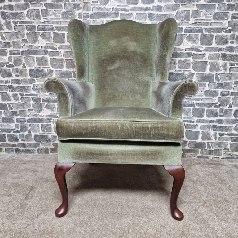 Parker Knoll Wingback Armchair – Green Velvet Upholstery