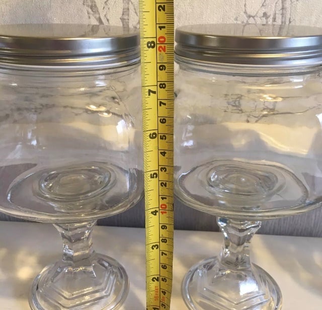 Glass sweet jars x 4 with tongs , scoop and bags 