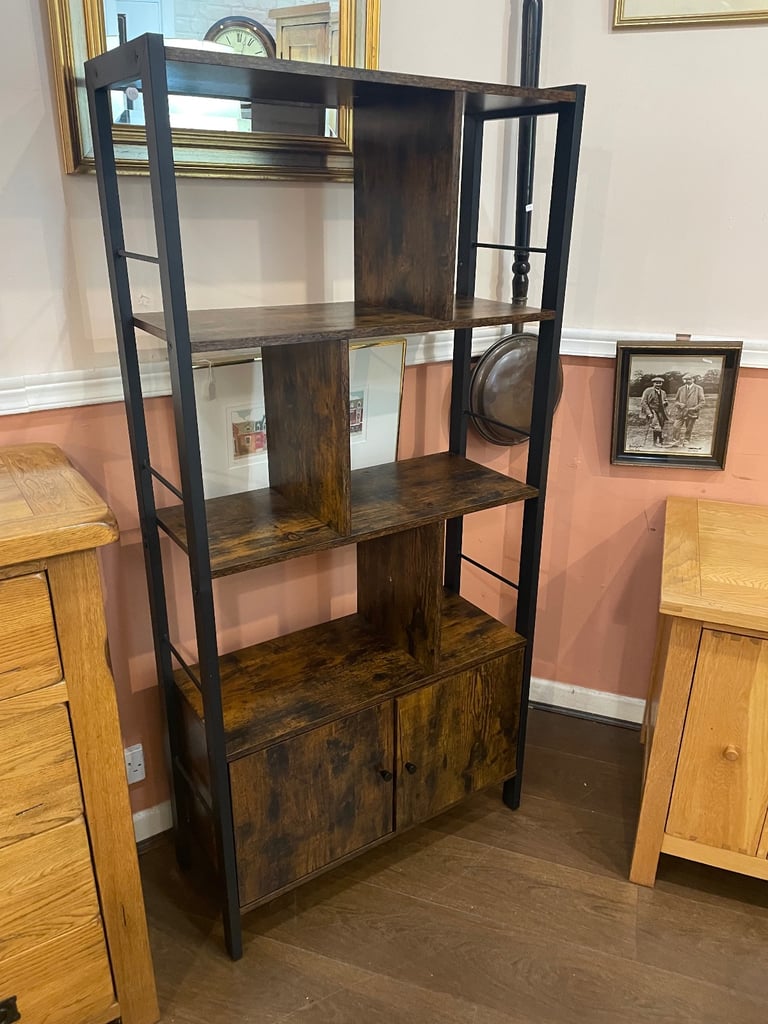 Shelving & cupboard unit in wood and black iron, very attractive vgc