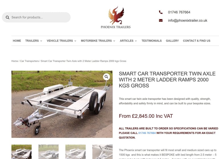 Phoenix Smart Trailer Car Transporter Twin Braked Axle with 2 Meter Ladder Ramps 2000 kgs Gross