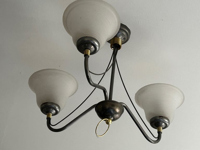 Satin Nickel & Brass Trim Glass Shades 3 Arm Ceiling Light 