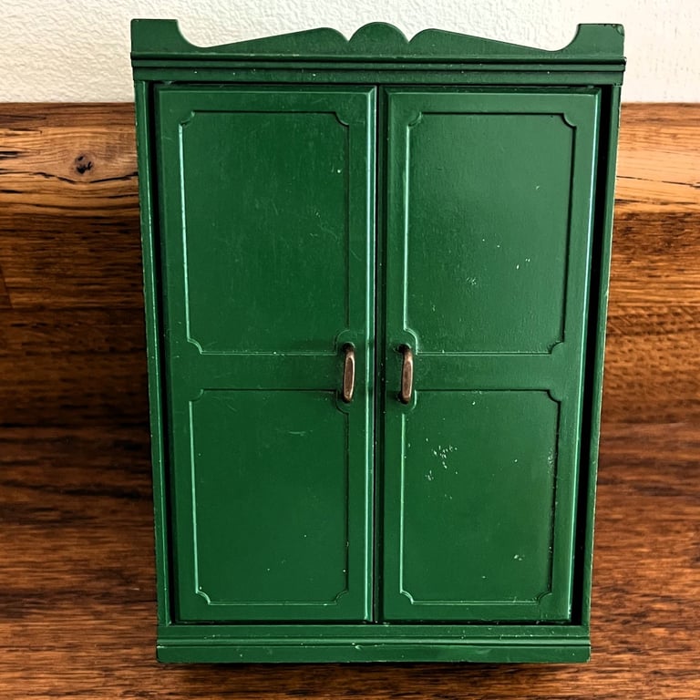 Vintage 1987 Sylvanian families Calico Critters green wardrobe. NB white marks on photo only.