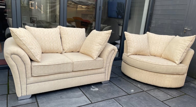 image for Cream/Beige 2 Seater Sofa With Matching Swivel Chair - DELIVERY AVAILABLE 