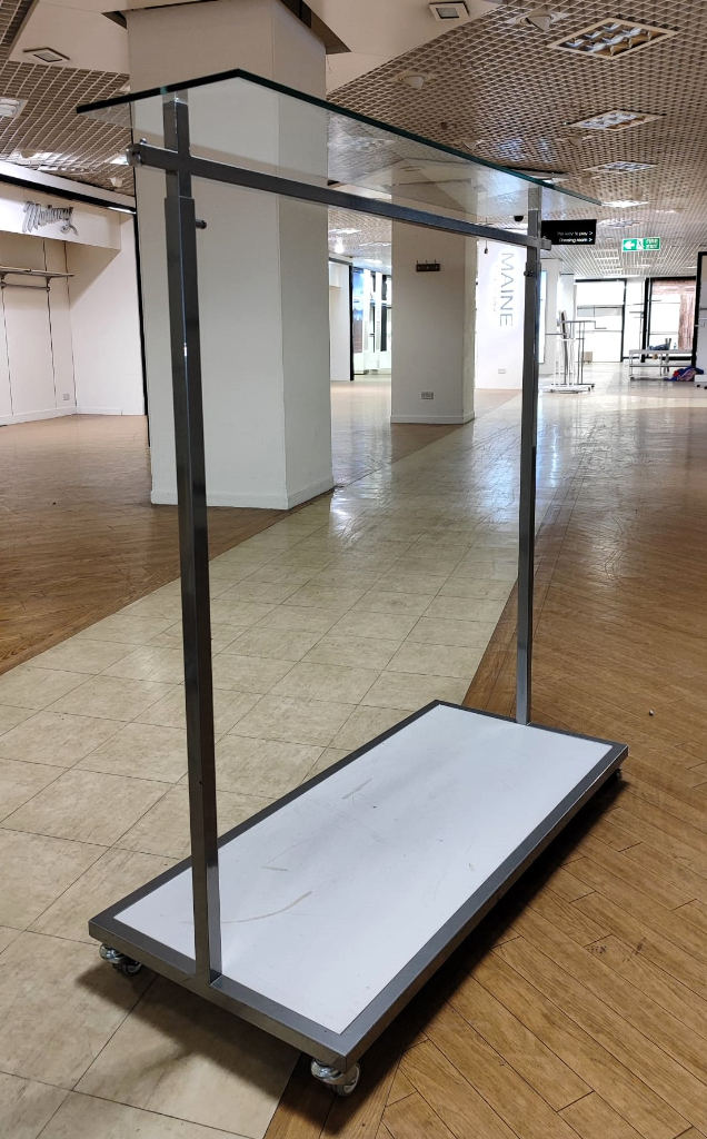 Clothing Rails, Retail Shop, Garment Display, Adjustable Chrome with Glass Shelf